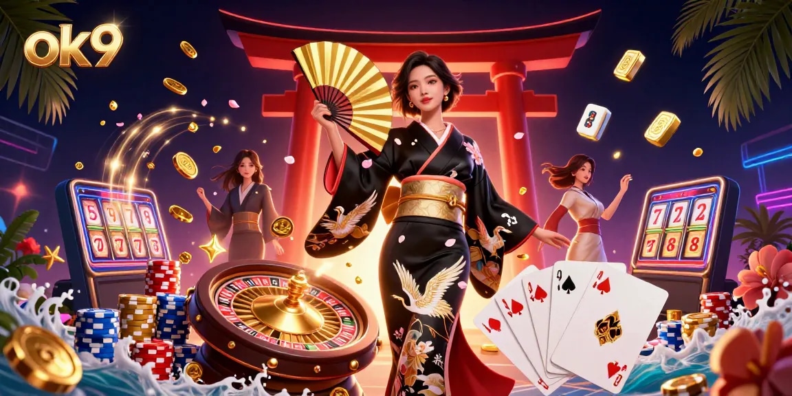 Experience the thrill of ok9 with a dynamic casino illustration featuring elegant characters and engaging gaming elements.