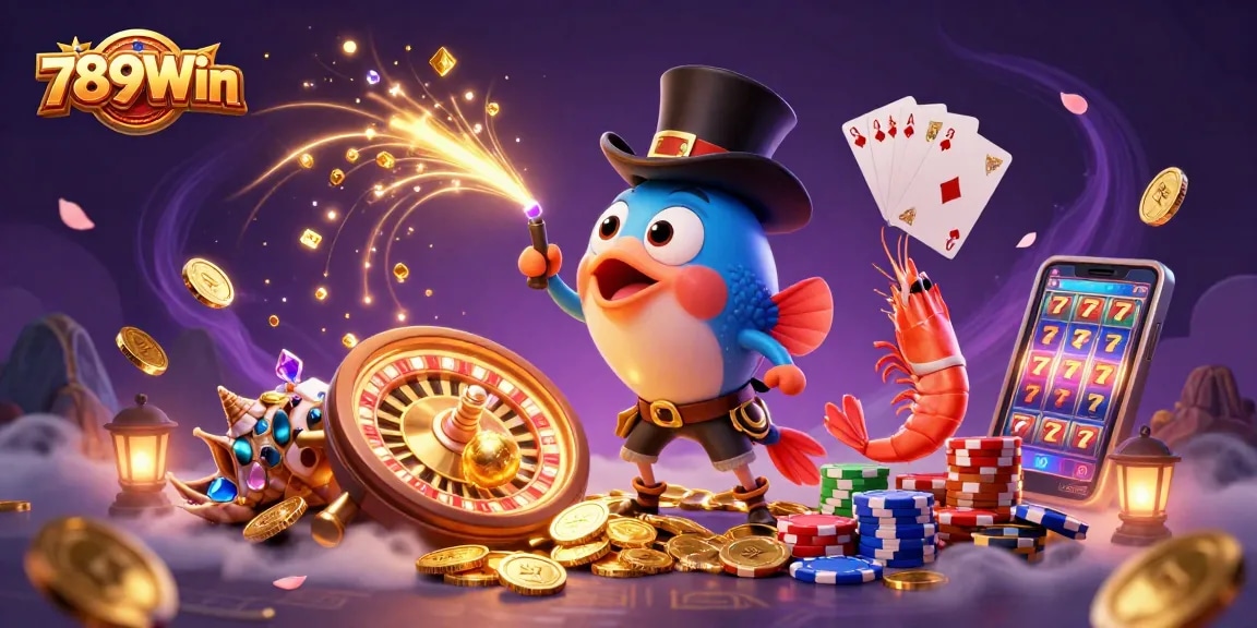 Cascade golden coins and gems with a glowing anglerfish promoting 789Win in a vibrant casino scene.