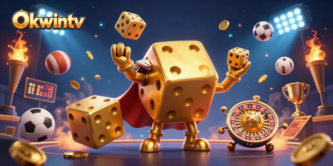 Okwintv showcases a vibrant 3D illustration of a golden dice golem juggling golden dice amidst dynamic sports elements.