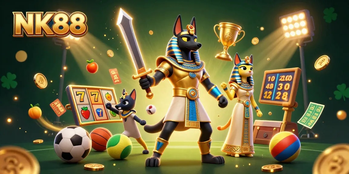 NK88 reels excitement with slot symbols, Anubis, and Bastet in a rich casino scene.