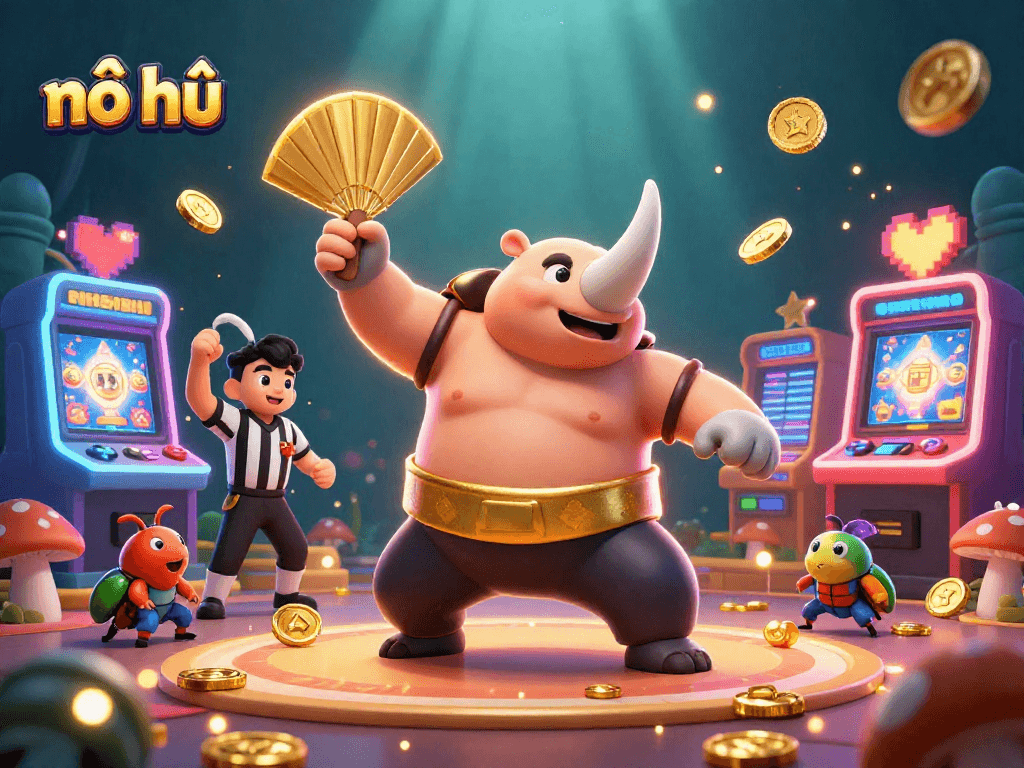 Nổ hũ jackpot scene featuring a rhinoceros beetle champion and casino elements with vibrant colors.