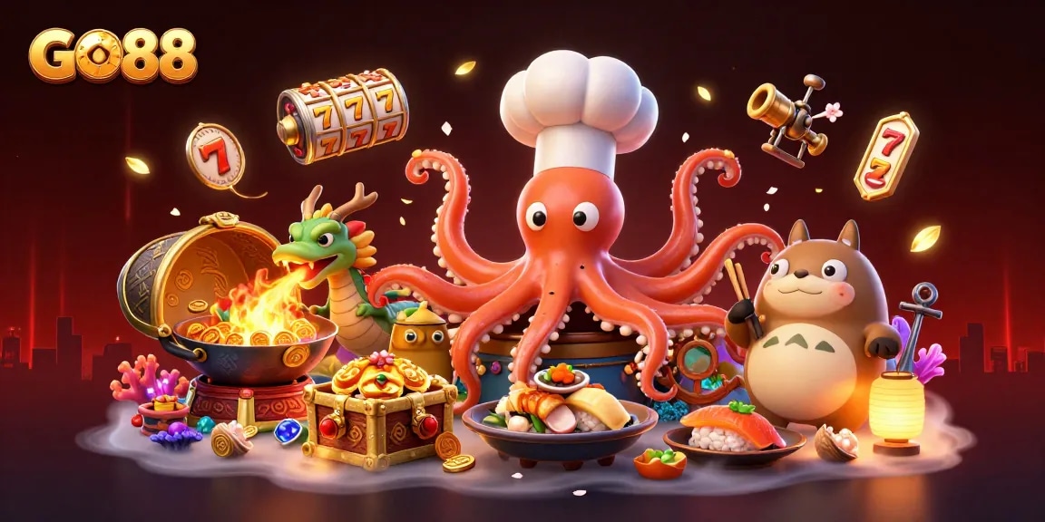 Experience the thrilling excitement of GO88 with vibrant characters and casino elements in this dynamic 3D illustration.