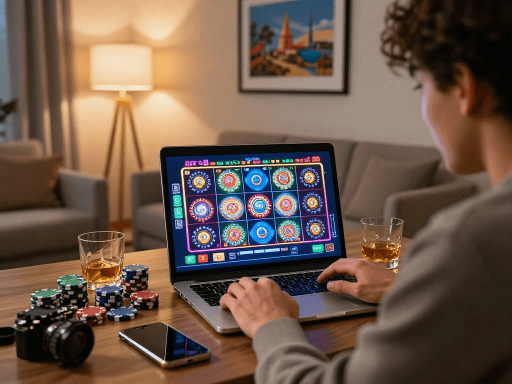 Player exploring casinos not on GamStop at home, surrounded by colorful gaming graphics and chips.