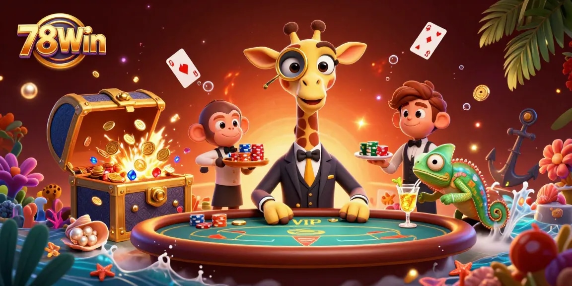 78Win offers thrilling gaming experiences with a lavish giraffe and monkey valet at a vibrant casino scene.