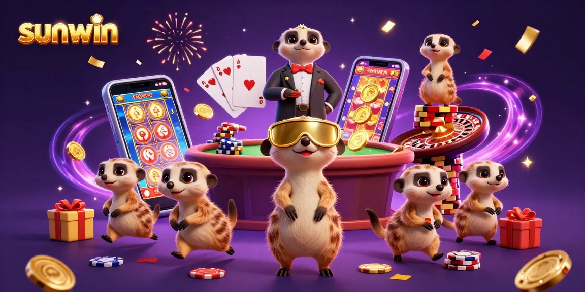 Experience excitement at Sunwin's 3D casino with meerkats engaging in thrilling gaming activities.
