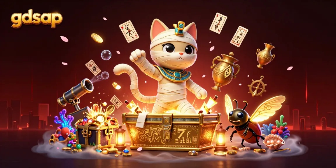 Join the adventure with gdsap featuring a mummy cat and scarab beetle in a vibrant casino scene.