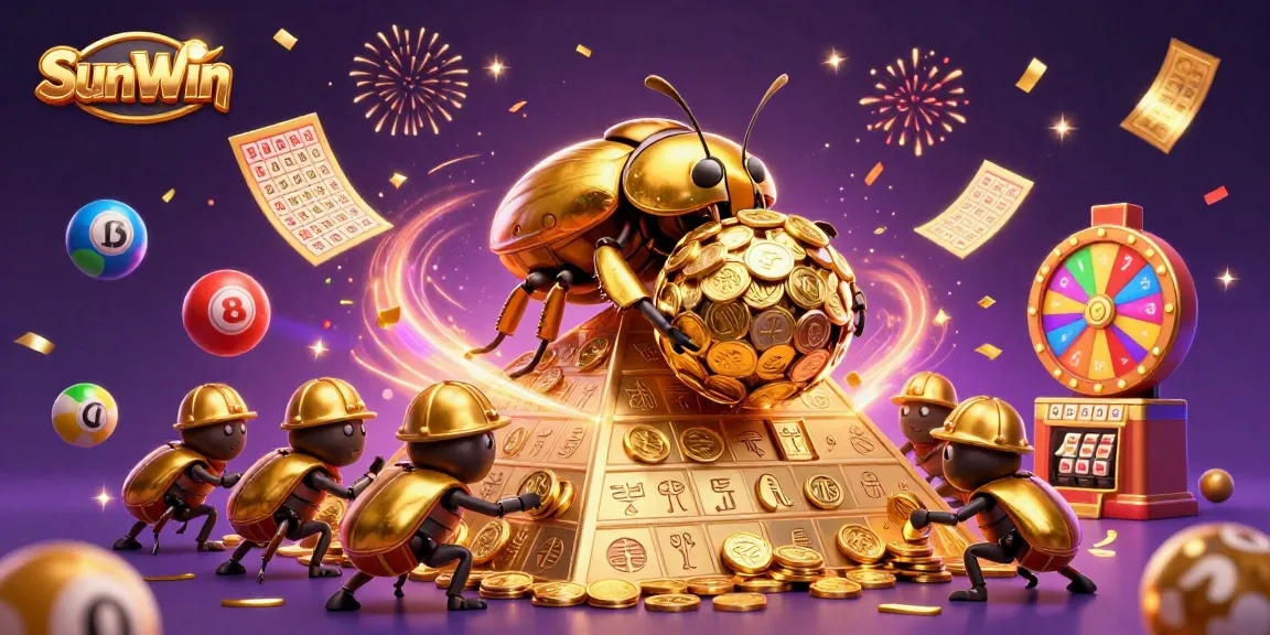 Experience excitement with SunWin at a vibrant casino scene featuring golden beetles and lottery elements.