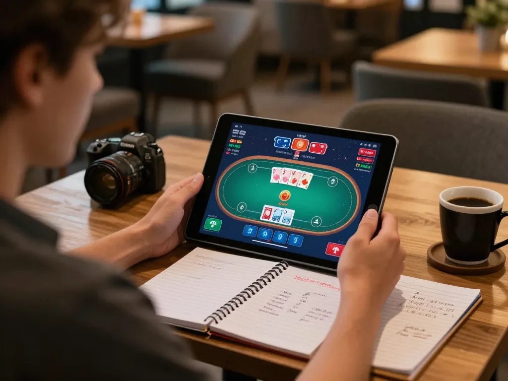 Engaged player using link luckywin for online poker game on tablet during social coffee shop outing
