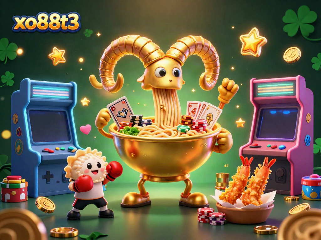 Experience exciting gaming with xo88t3, featuring a vibrant 3D illustration of casino elements and characters.