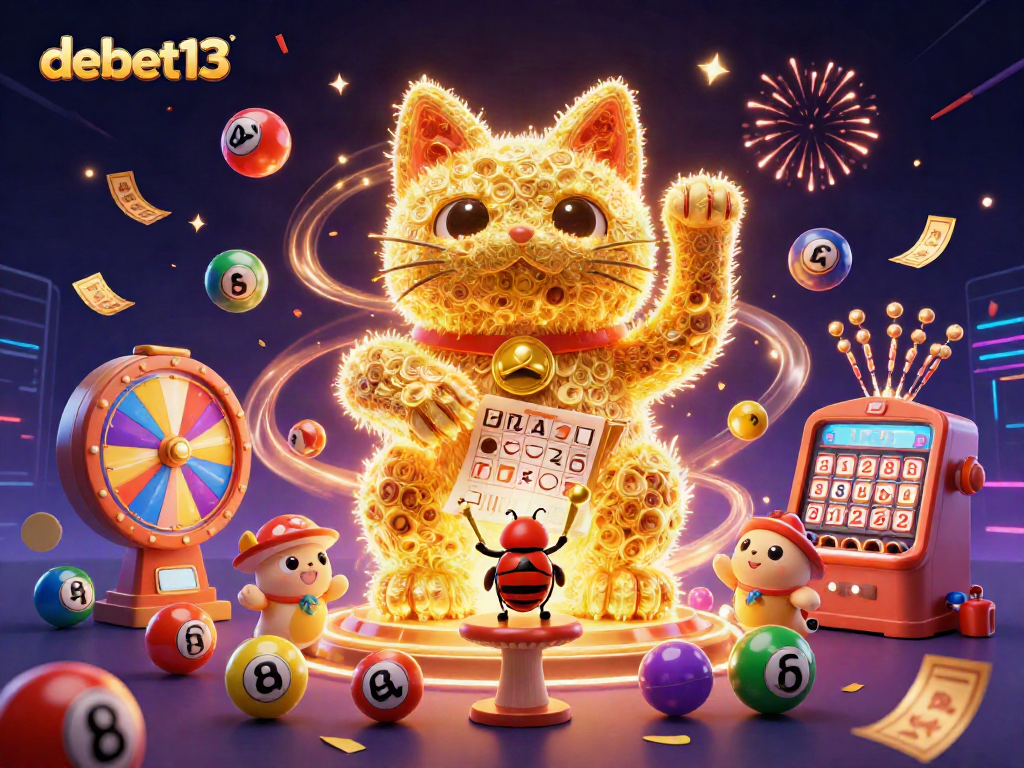 Experience the vibrant gambling world of debet13 with dynamic casino elements and a lucky cat.