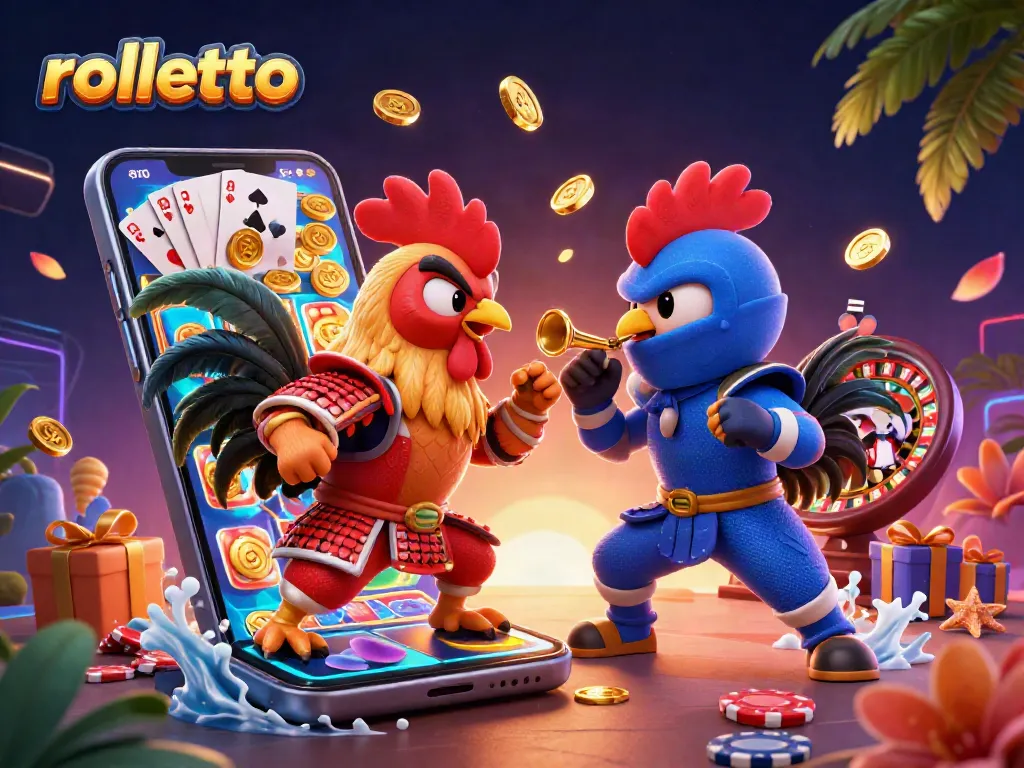 Experience thrilling action at Rolletto with cartoon roosters battling amid vibrant casino elements.