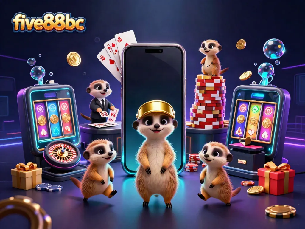 Experience the excitement of five88bc through a playful meerkat casino scene showcasing gaming elements.