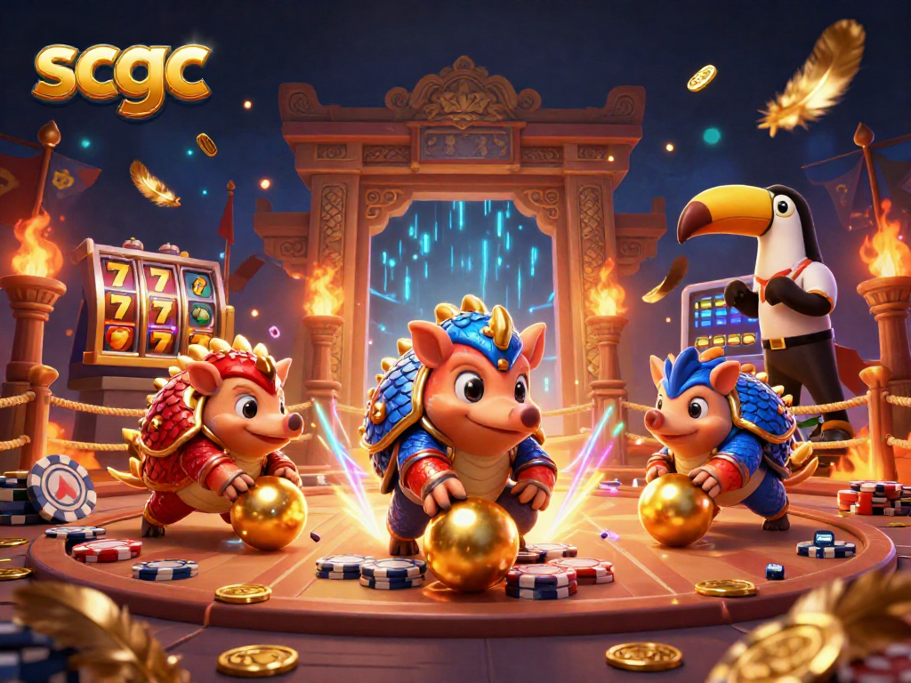 Engage in thrilling gambling action at scgc with rival pangolins competing amid poker chips and vibrant elements.