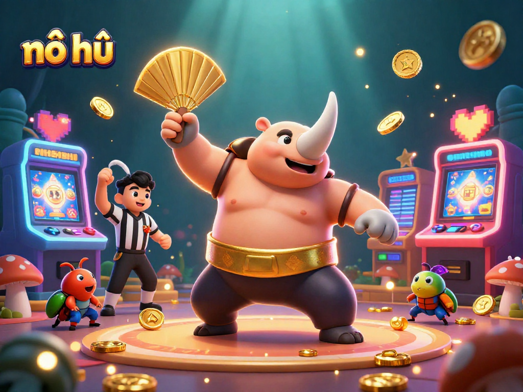 Nổ hũ jackpot scene featuring a rhinoceros beetle champion and casino elements with vibrant colors.