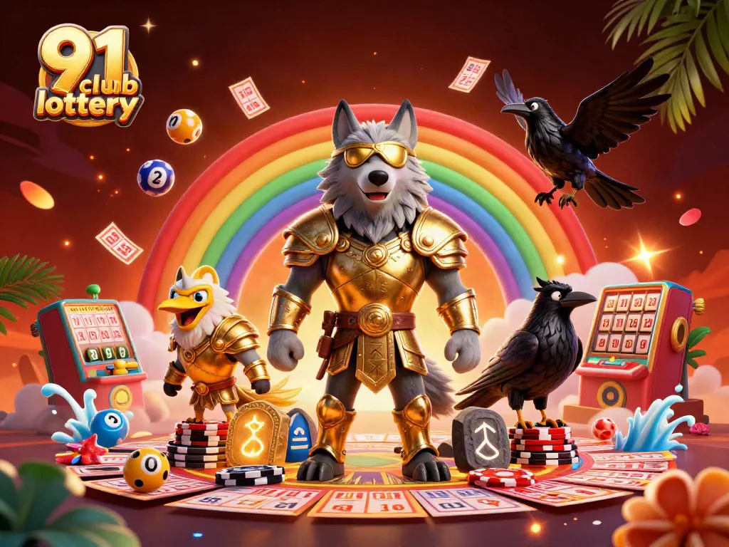 Engaging 91 club lottery scene with mythical characters and vibrant gaming elements in a casino setting.