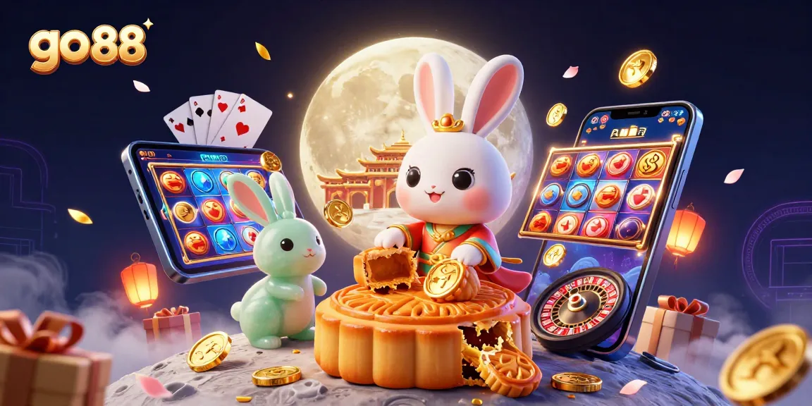 Join the go 88 journey with the moon rabbit character amidst a vibrant casino scene.