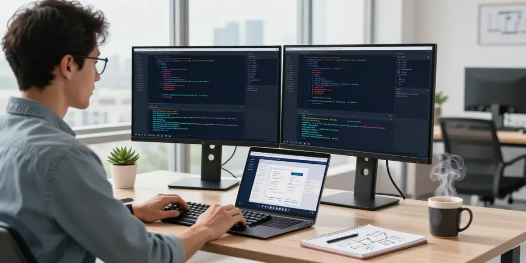 Developer coding for instant indexing in a modern workspace with dual monitors and vibrant code.