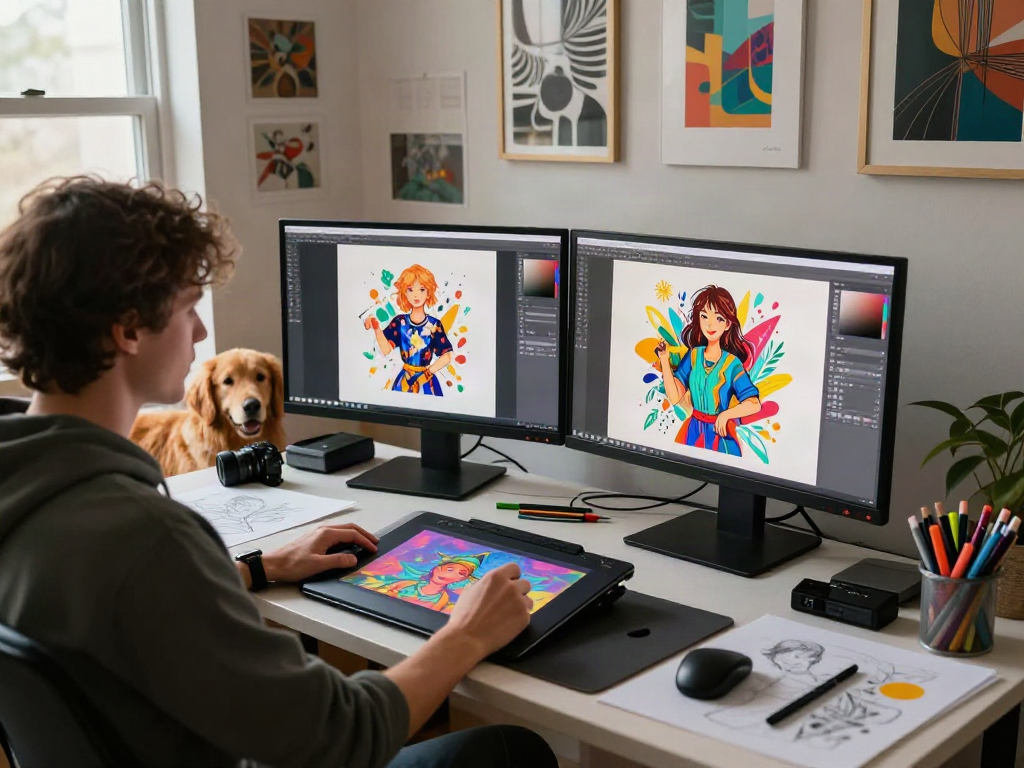 Dynamic artist in digital studio creating NSFW illustrations with vibrant colors