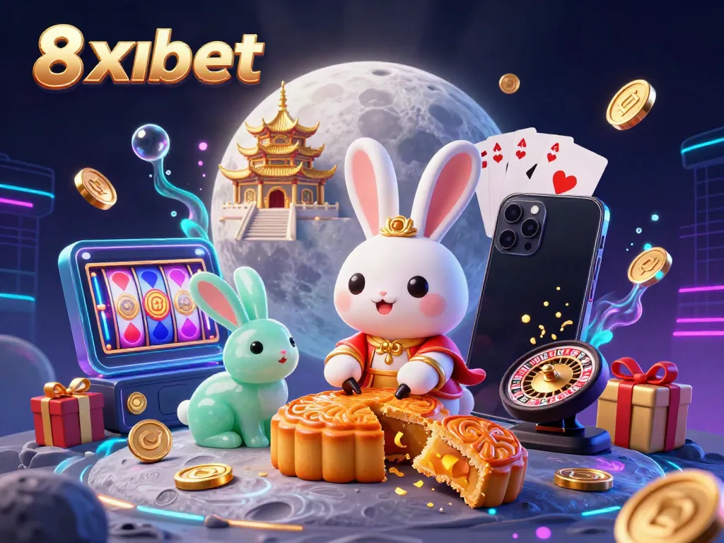 Experience thrilling gameplay at 8xbet with cartoon moon rabbits showcasing poker chips.
