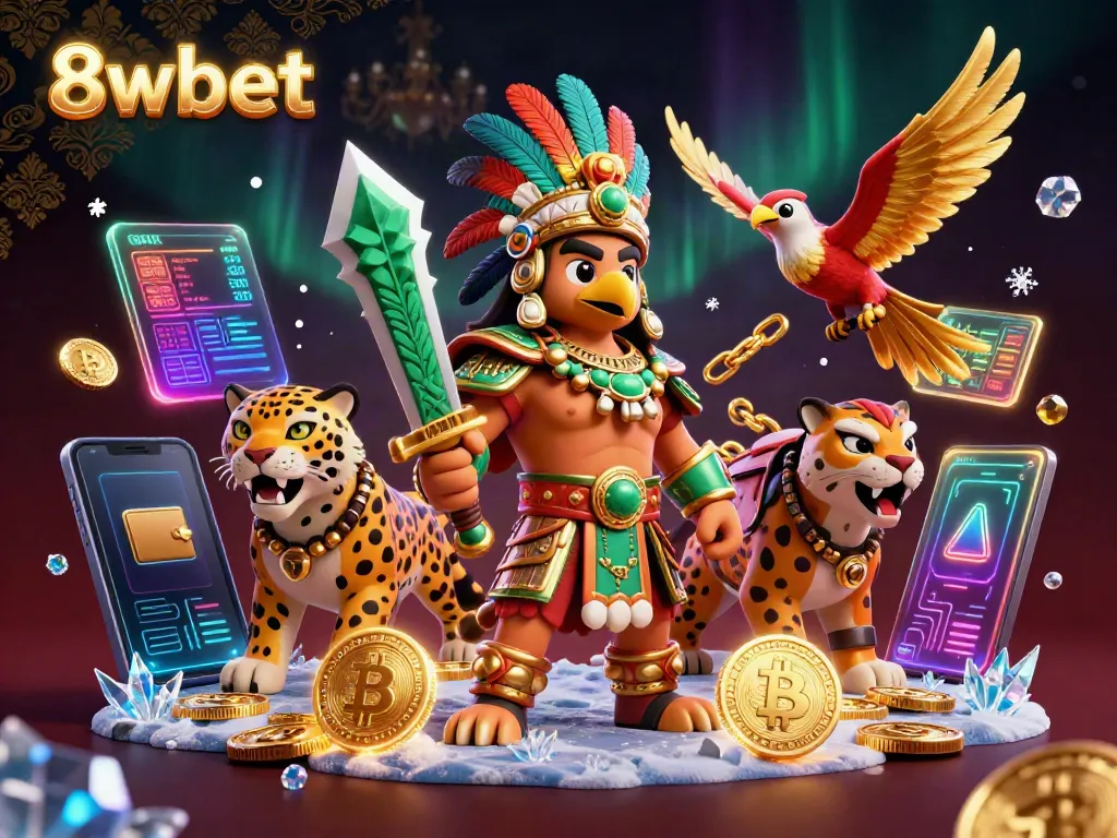 Experience thrilling gameplay with 8xbet's vibrant depiction of Aztec warriors and cryptocurrency elements.