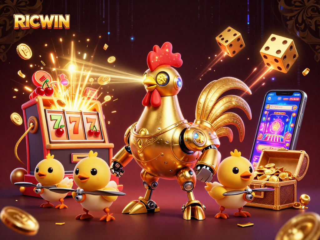 Play RICWIN slots with exciting visuals of a retro-futuristic golden rooster and jackpot elements.