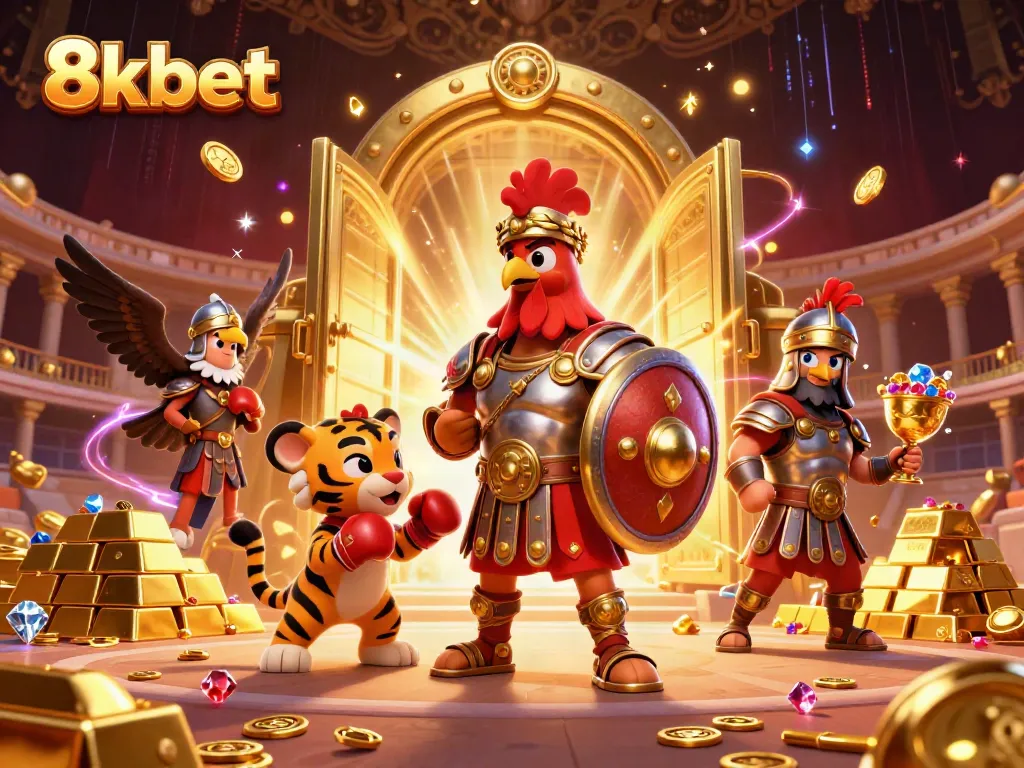 8xbet's dynamic 3D illustration features a majestic rooster and adorable tiger cub amid sparkling riches, perfect for a vibrant casino backdrop.