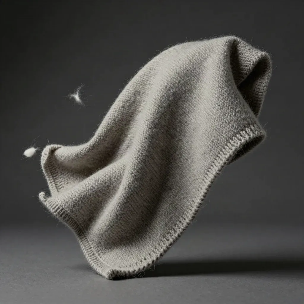 Extreme macro of a stone-grey merino knit throw with lifted corner and drifting fibres