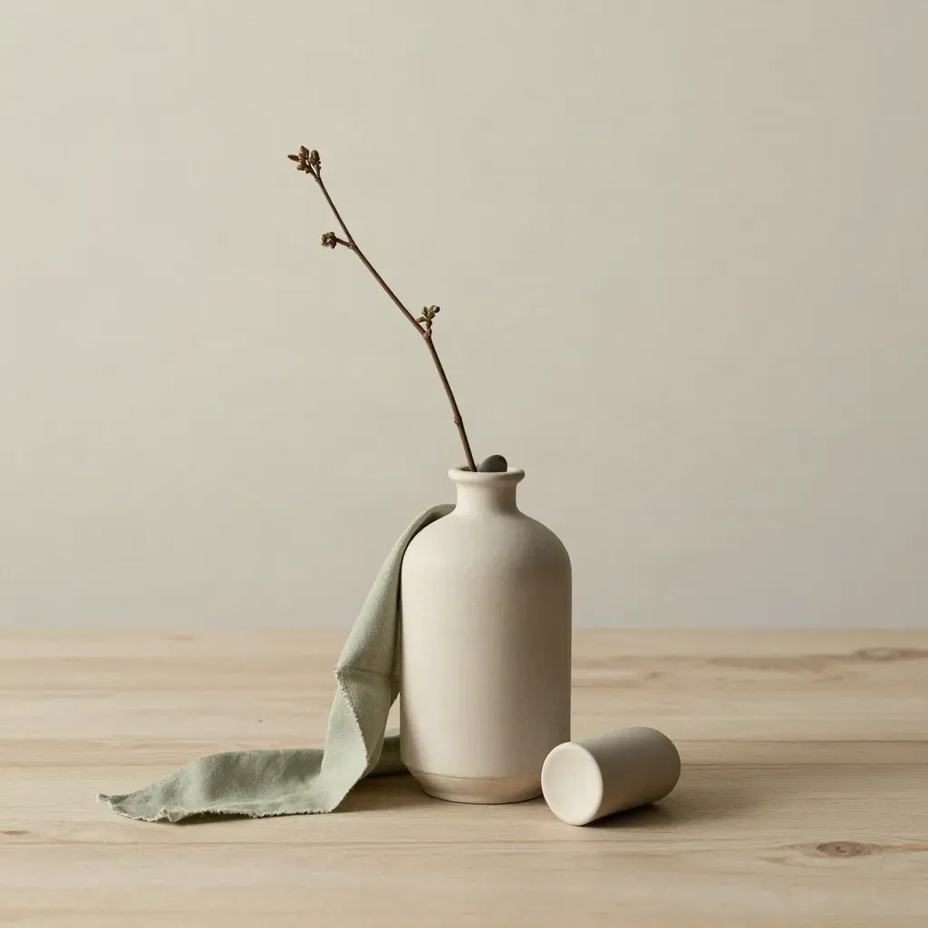 Pale clay leaf-bud vase with a single stem on pale wood, softly lit in studio.