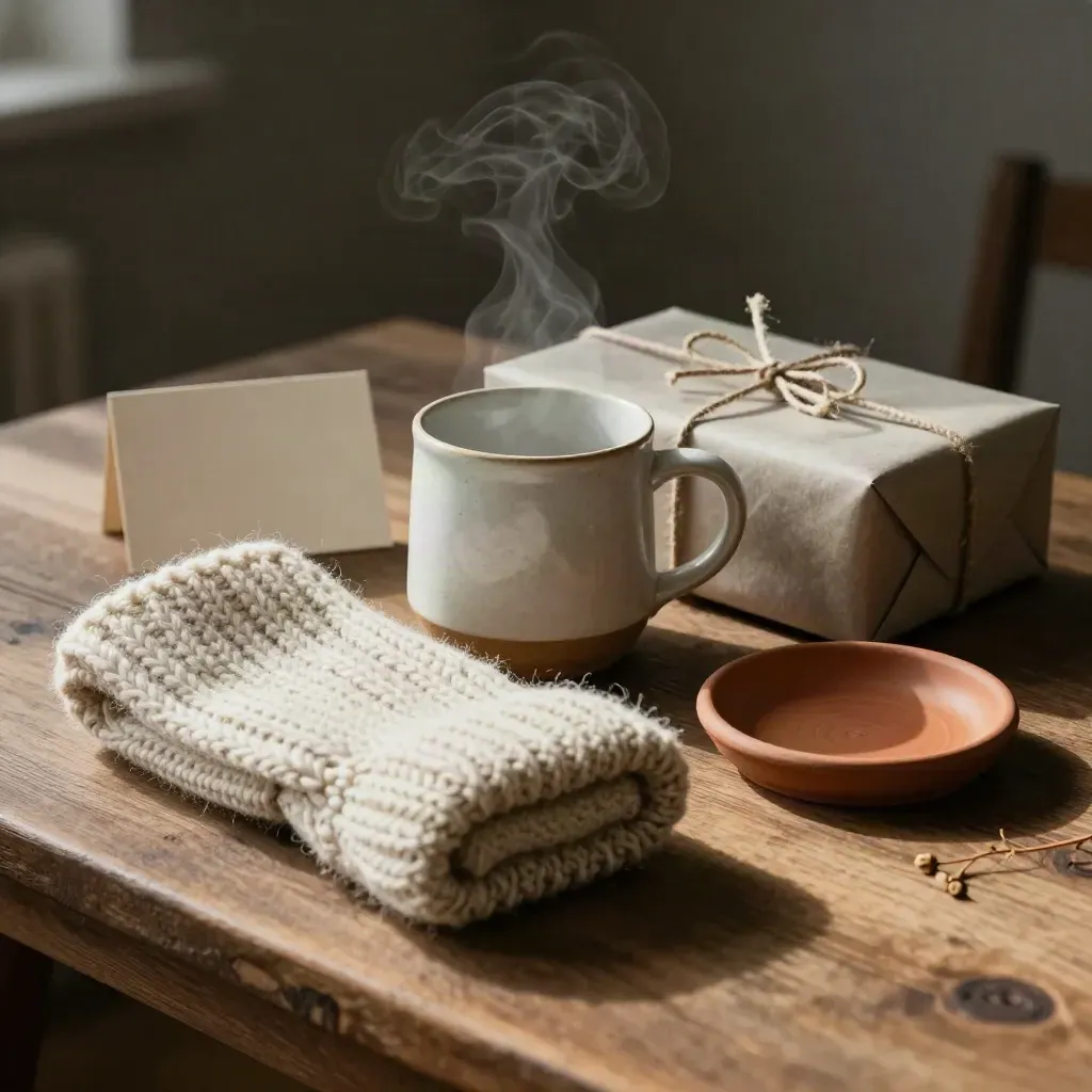 Winter gift set with knit accessory, ceramic mug and twine-tied box on a rustic table.