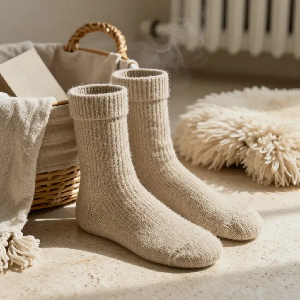 Oatmeal wool slipper socks in a linen basket beside a sheepskin stool on travertine.