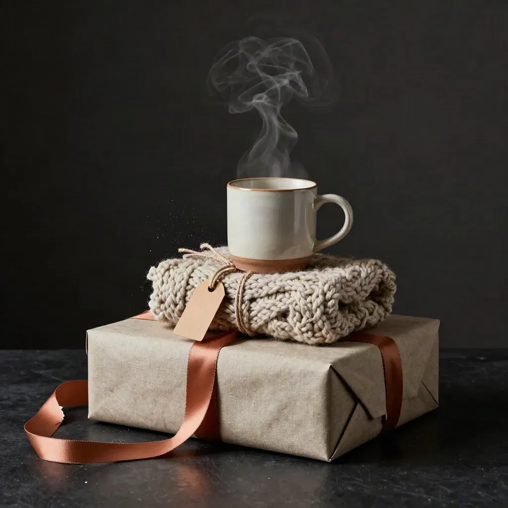Gift bundle with ceramic mug, knitted piece, keepsake tag, ribbons and paper