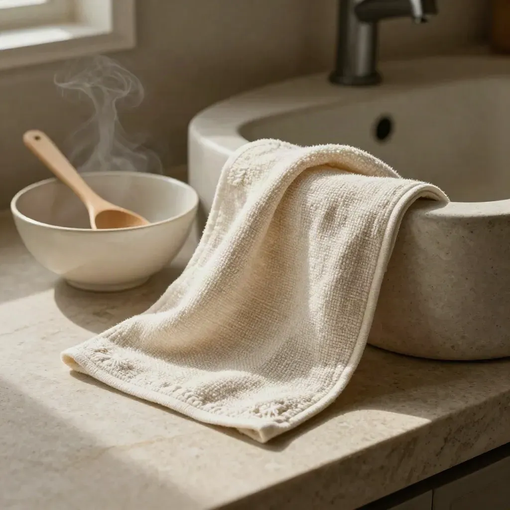 Ivory tea towel draped over a ceramic bowl beside a wooden spoon by a stone sink