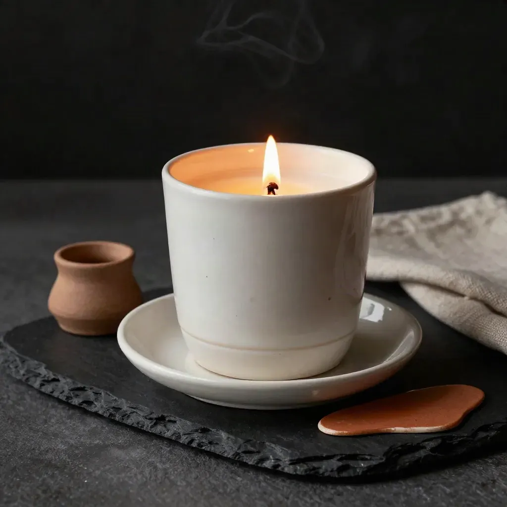 Off-white ceramic candle holder with a small flame on a dark slate surface