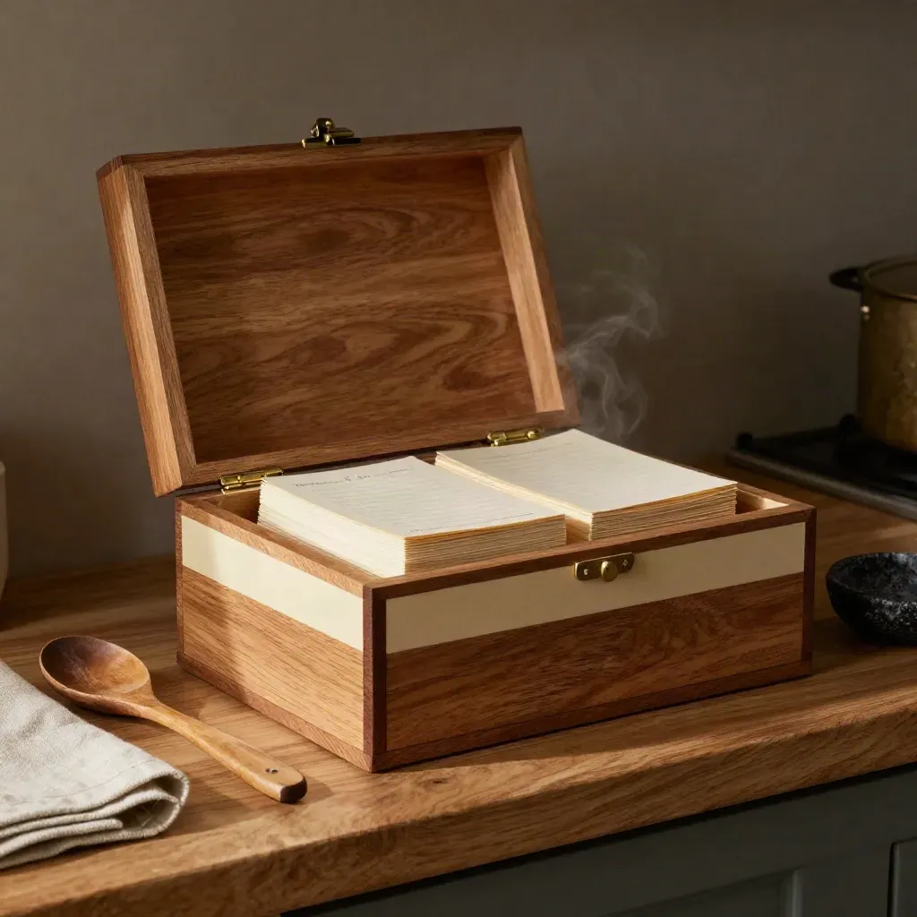 Open oak recipe box with cards, wooden spoon and linen on a warm kitchen shelf