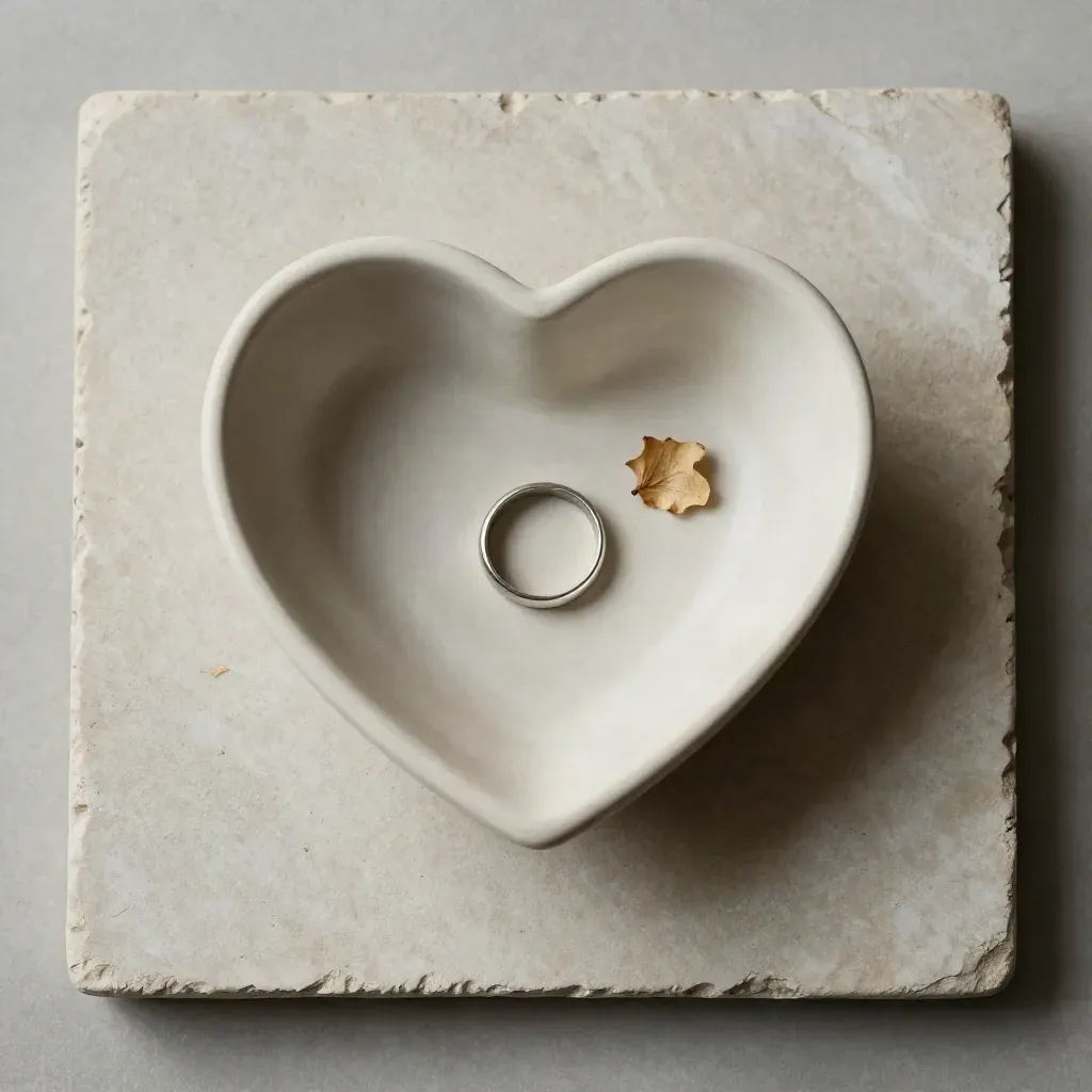 Top-down ceramic heart keepsake bowl holding a ring and dried petal on pale stone.
