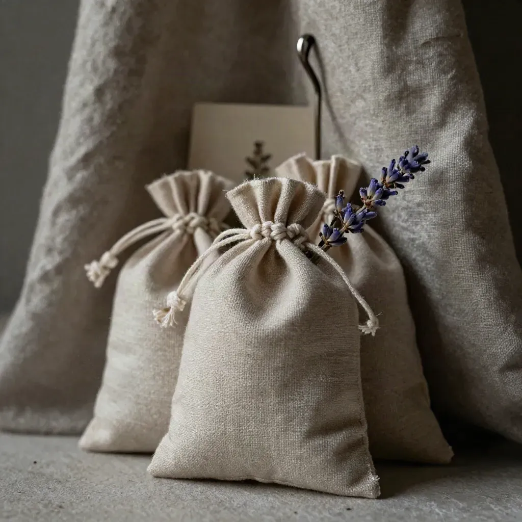 Close-up of two lavender cotton sachets brushing a linen curtain, with dried lavender and a hook.