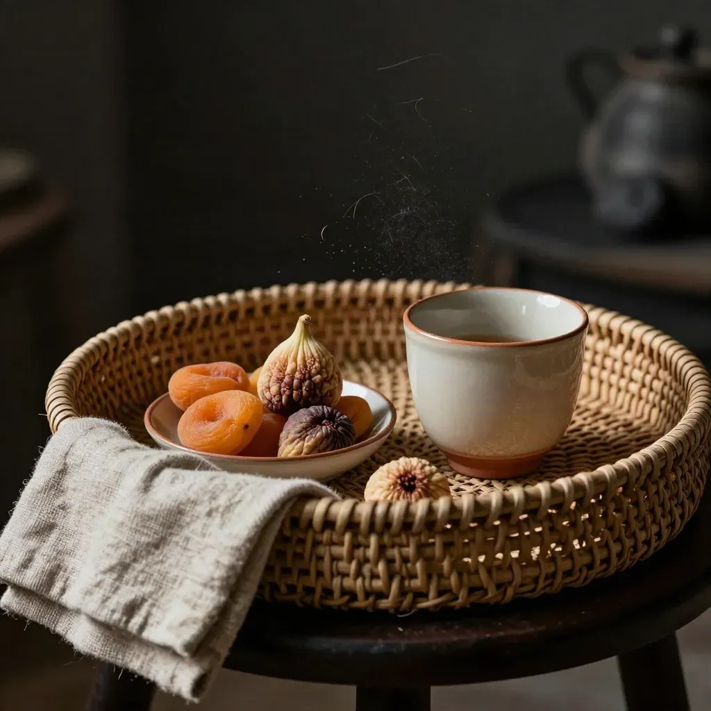Round woven basket tray with napkin, dried fruit bowl and ceramic cup on a low stool.