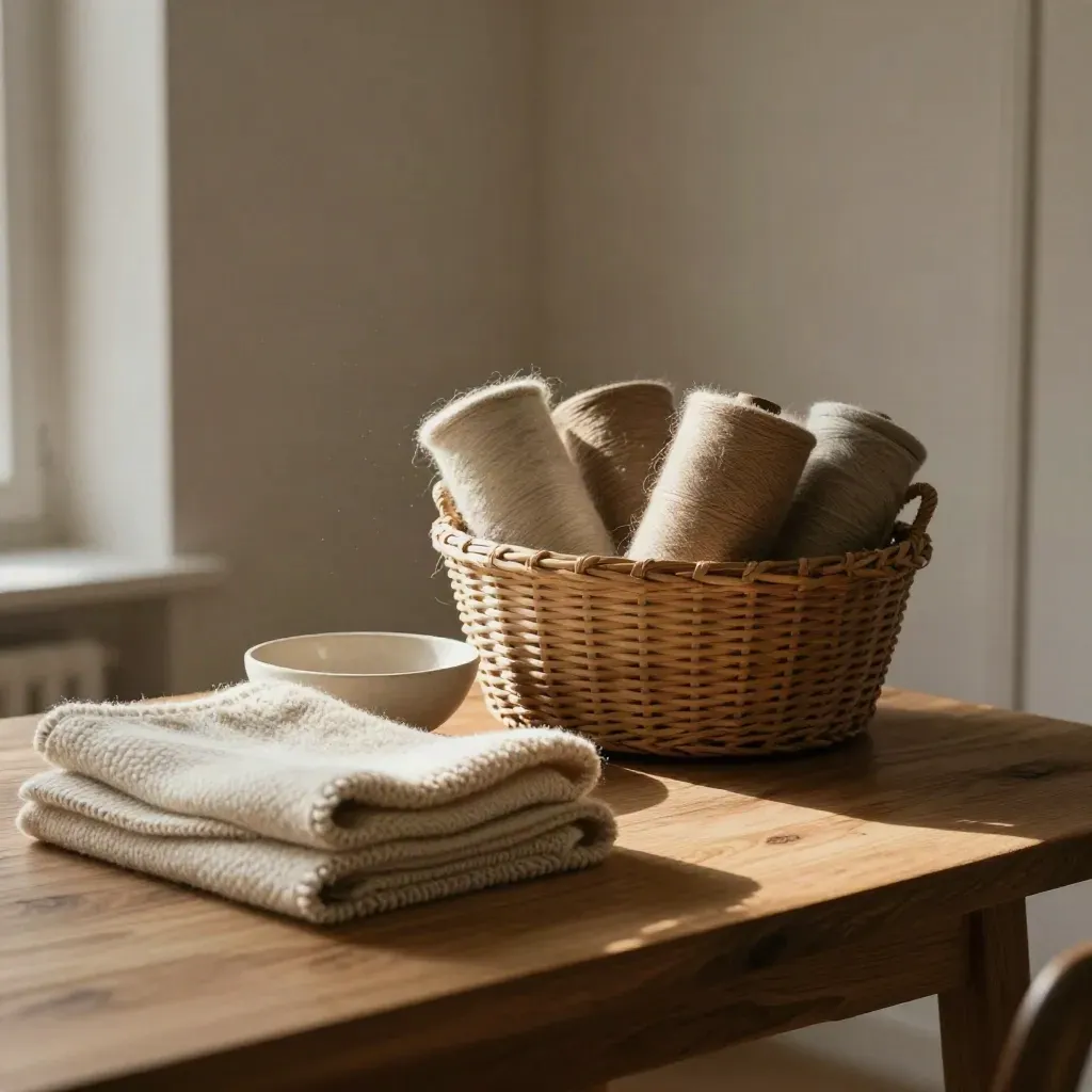 Sunlit oak table with folded throws, ceramic bowl and basket in a calm neutral interior.