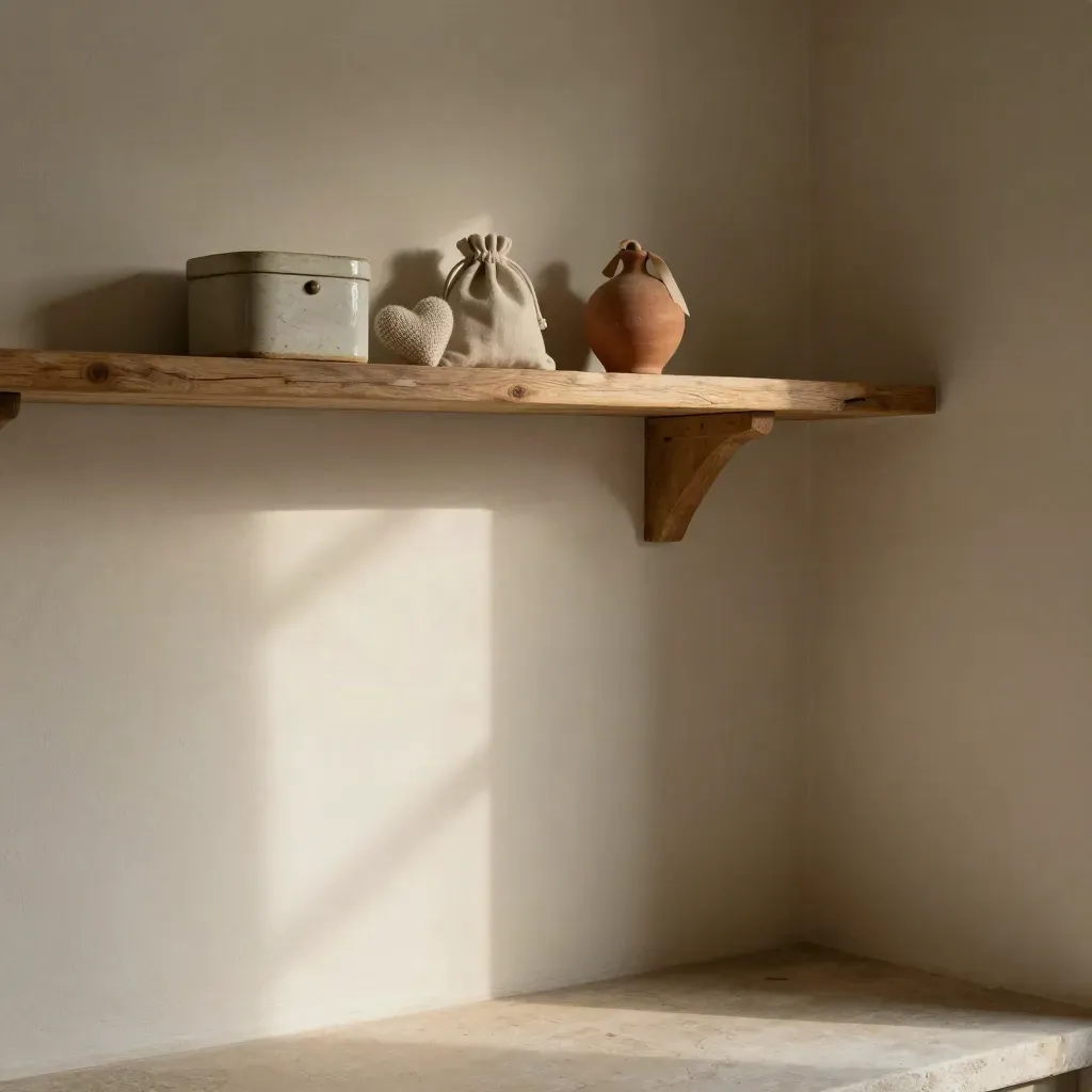 Cottage shelf wall with handmade keepsakes on a high oak ledge in warm late-afternoon light