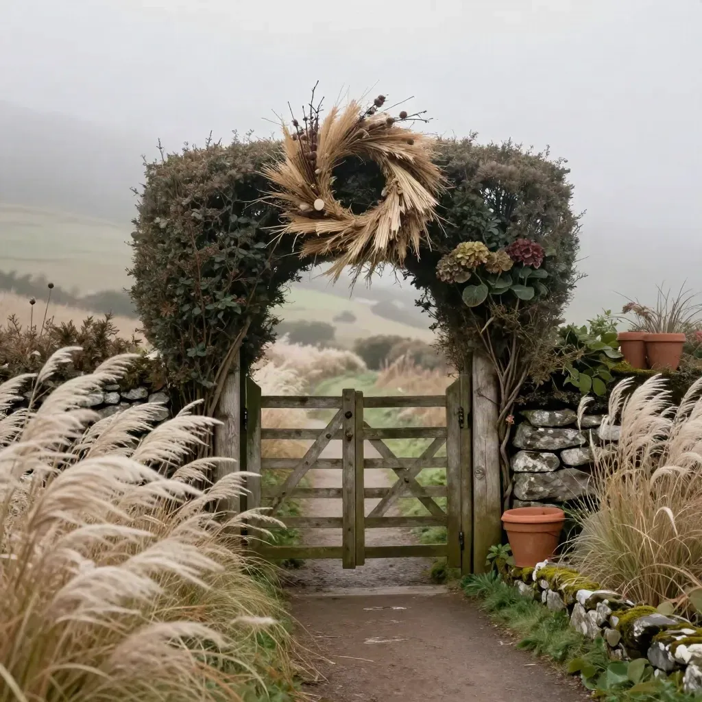 Weathered garden gate with a dried wreath, misty path, and windblown grasses on a winter hillside.