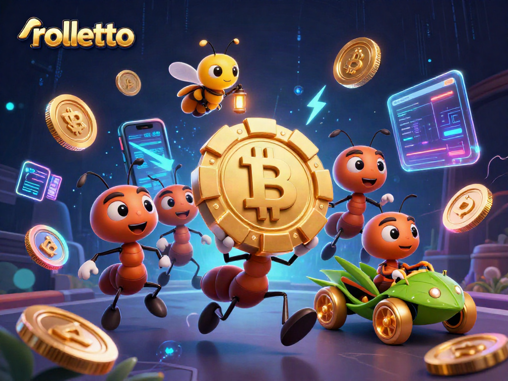Experience rolletto's thrilling adventure with ants carrying giant poker chips in a vibrant digital casino.