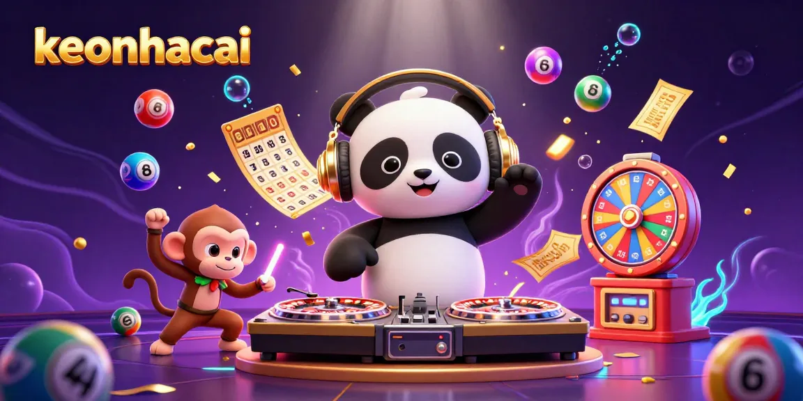 Join the keonhacai party with DJ panda spinning wins amidst colorful lottery balls and vibrant game excitement.