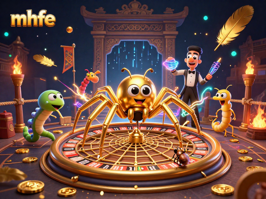 A golden spider spins a roulette wheel web as a fly bets nervously in a vibrant mhfe-themed casino scene.