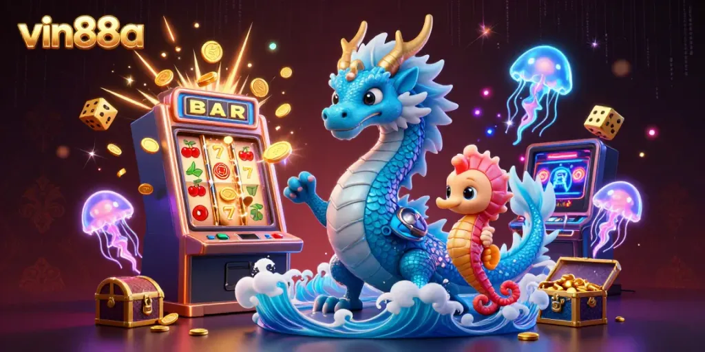 Experience thrilling gameplay with vin88a's vibrant 3D casino scene featuring exciting slot machines and mythical creatures.