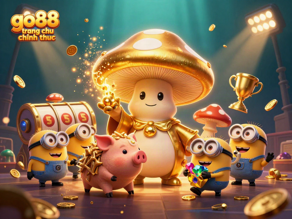 Engage in go88 trang chu chinh thuc thrills with golden mushroom wizard and treasure-pig in vibrant casino scene.