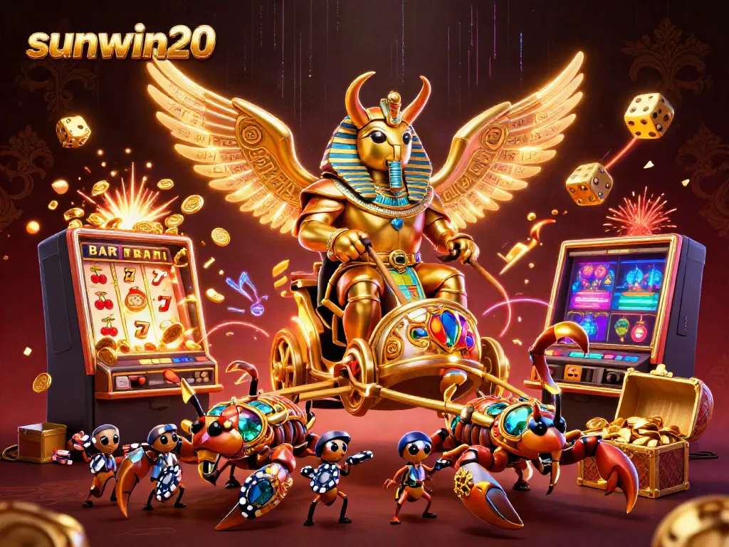 Experience the excitement at sunwin20 with a dynamic casino-themed 3D illustration featuring a golden scarab beetle.