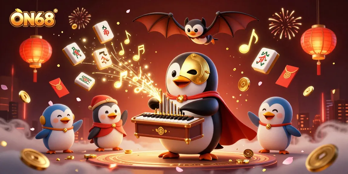 ON68 penguin playing an organ emits coins in a vibrant casino scene with golden elements.