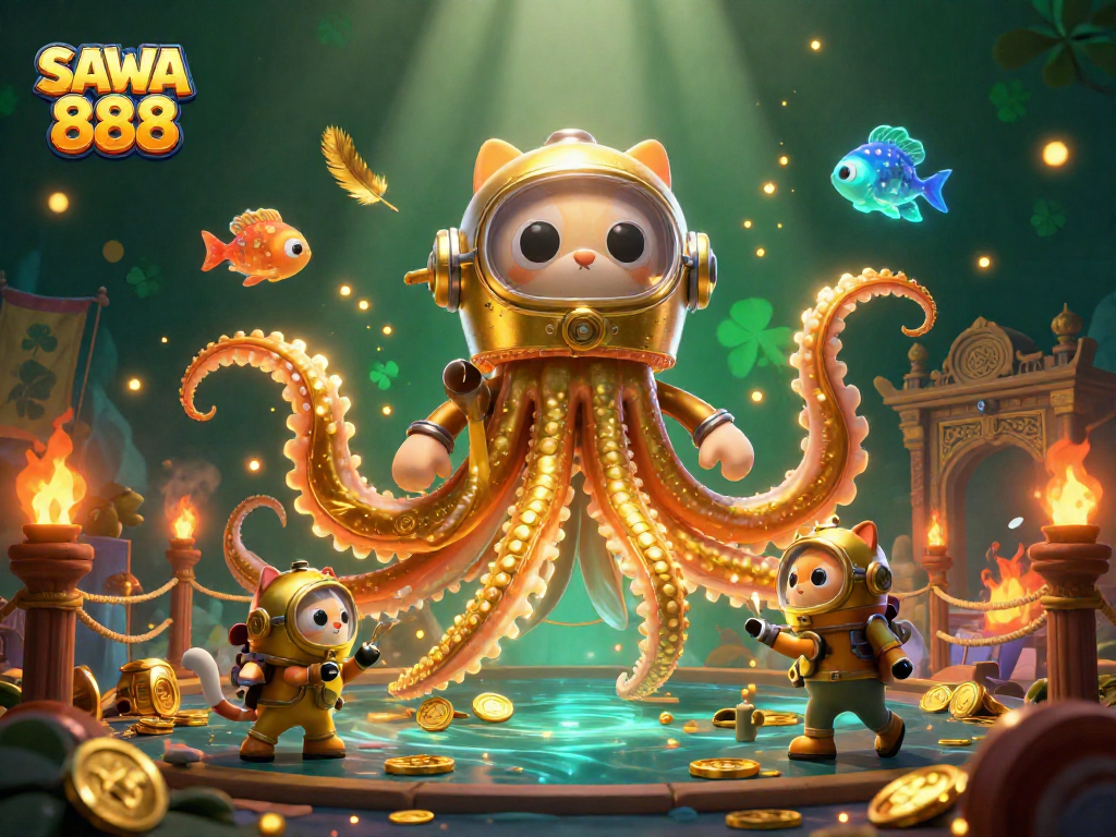 Engage with SAWA 888's vibrant scene featuring a kraken and diving cat amidst gold coins.