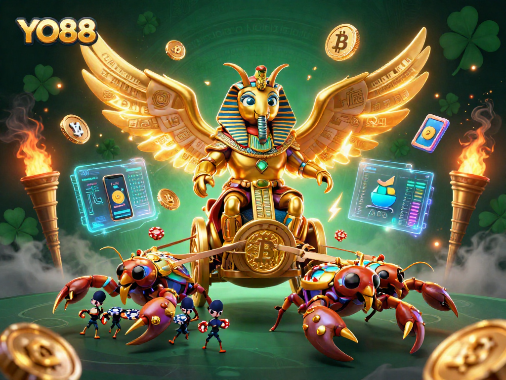 YO88 showcases an engaging casino scene with golden elements and vibrant cryptocurrencies in action.