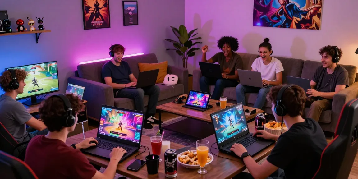 Group of gamers playing sex games online in a cozy living room, showcasing vibrant game graphics.